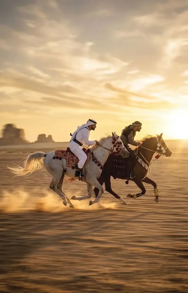Syrian knight and Qatari knight on their horses going fast in the desert